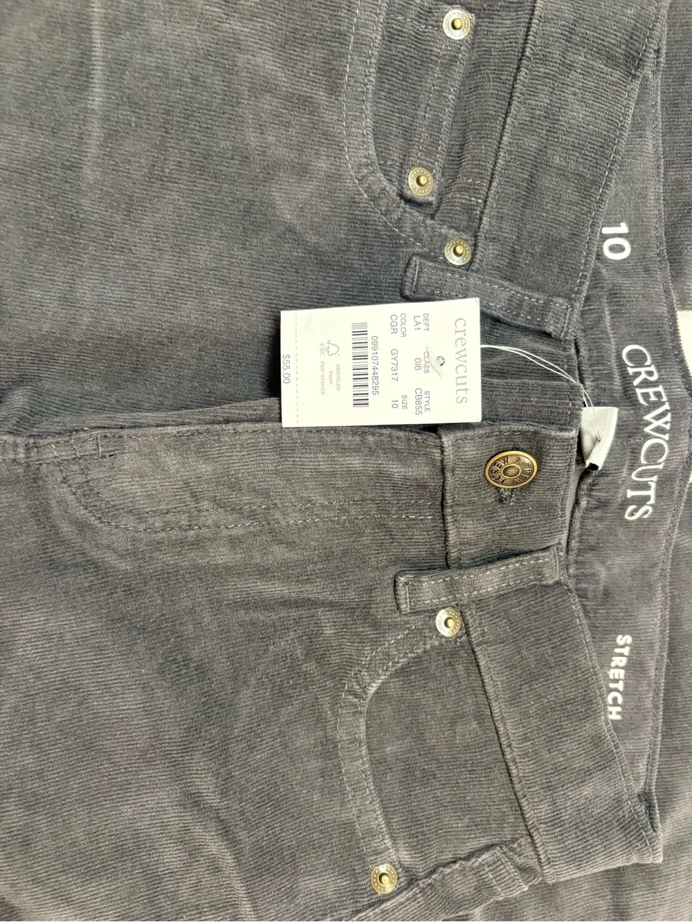 Crewcuts by J. Crew gray corduroy stretch pants- size 10- NWT
